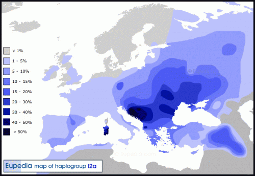 Карта распространения гаплогруппы I2a (источник Eupedia). Haplogroup_I2a