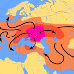 Схема миграций индоевропейцев в 4000-1000 гг. до н. э. в соответствии с «курганной гипотезой»