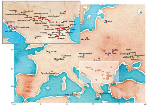 Географическое положение изученных образцов древней ДНК. С увеличением показан регион Юго-Восточной Европы. Обозначения популяций цветными значками см. на следующем рисунке. 