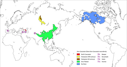 Рис.1. Распространение языков сино-кавказской (дене-кавказской) макросемьи
