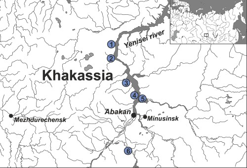 Расположение тагарской археологической культуры, места взятия образцов.
