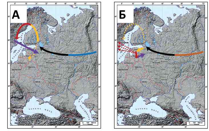 Миграции Y‑хромосомной линии, ведущей к линии Рюриковичей, на протяжении
3 тыс. лет: А – согласно “западно-балтийской гипотезе”; Б – согласно “восточно-
балтийской гипотезе” (Балановский, 2021).